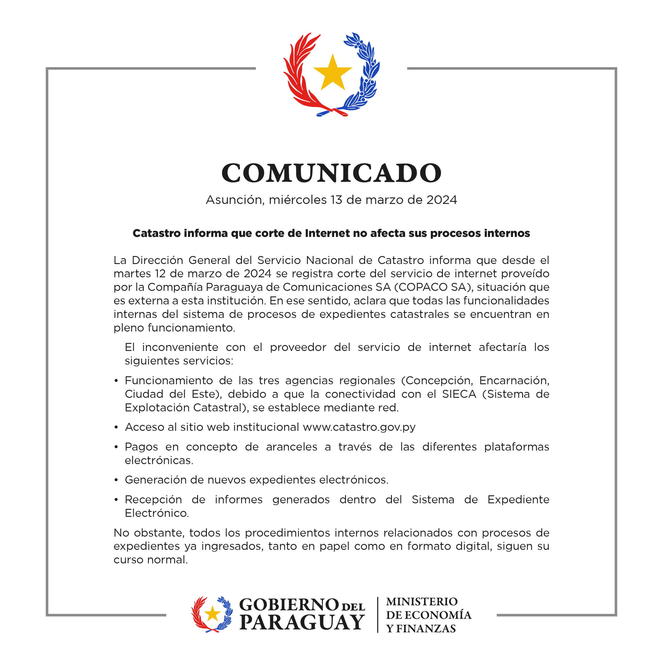 COMUNICADO SOBRE SERVICIOS